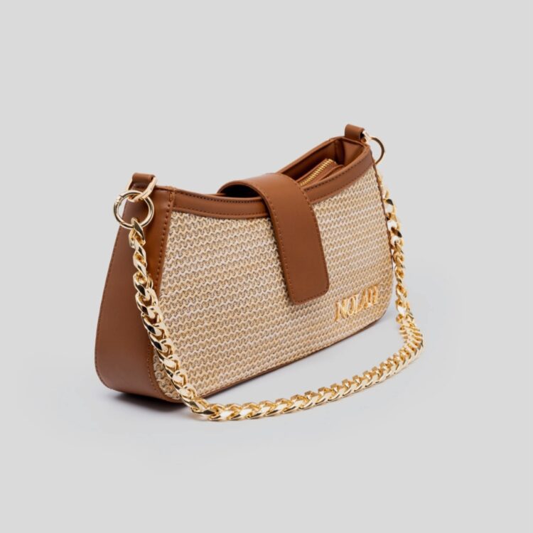 ινή επιλογή! Γυναικεία τσάντα Nolah Riviera Beige-Brown με χρυσές λεπτομέρειες, αλυσίδα & λουράκι. Αγοράστε τη με δωρεάν συσκευασία δώρου