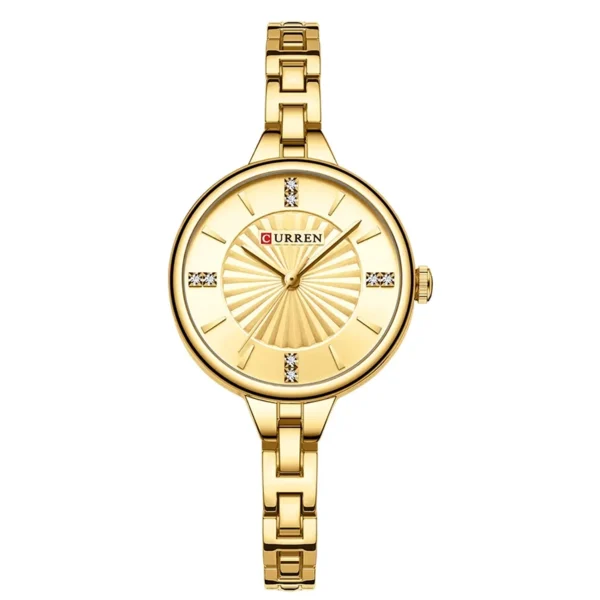 Ανακαλύψτε το Curren 9097 Gold, ένα κομψό γυναικείο ρολόι με χρυσό ατσάλινο μπρασελέ και στρογγυλό καντράν με διακοσμητικά στρας