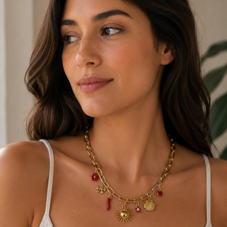 Statment κολιέ με χρυσή αλυσίδα και μοναδικά summer charms εμπνευσμένα από τη Μεσόγειο. Ιδανικό για chic καθημερινά looks