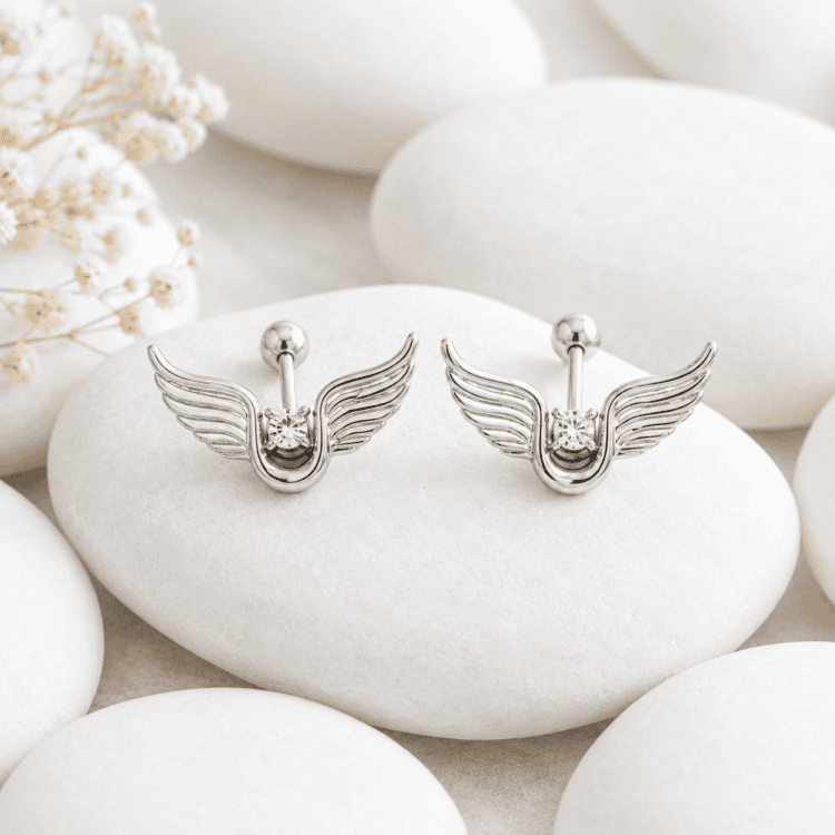 Angel Wings σκουλαρίκια από ανοξείδωτο ατσάλι με σχέδιο φτερών και λαμπερό ζιργκόν. Διαθέσιμα σε χρυσή και ασημί απόχρωση για κομψές εμφανίσεις