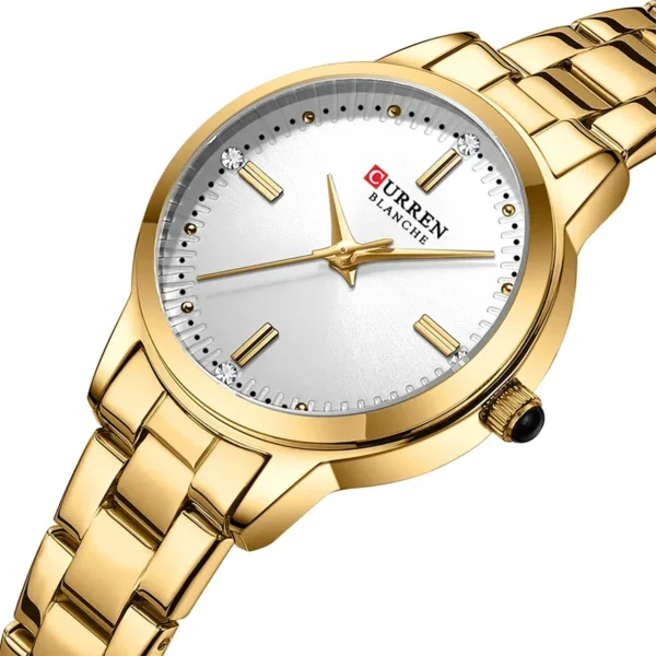 Ανακαλύψτε το Curren 9094 Gold White, ένα κομψό γυναικείο ρολόι με χρυσό ατσάλινο μπρασελέ και λευκό καντράν με διακοσμητικά στρας