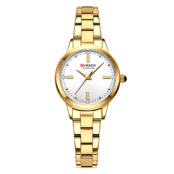 Ανακαλύψτε το Curren 9094 Gold White, ένα κομψό γυναικείο ρολόι με χρυσό ατσάλινο μπρασελέ και λευκό καντράν με διακοσμητικά στρας